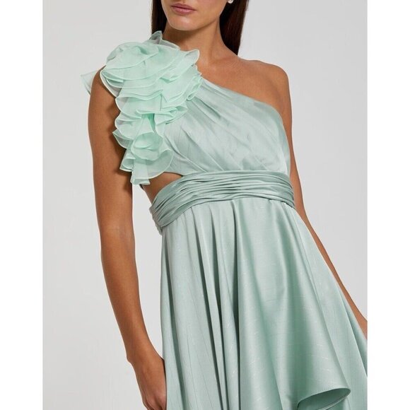 Mac Duggal Size 0 Sage Green Asymmetric Ruffled Satin High-Low Prom Gown Dress - Picture 2 of 10